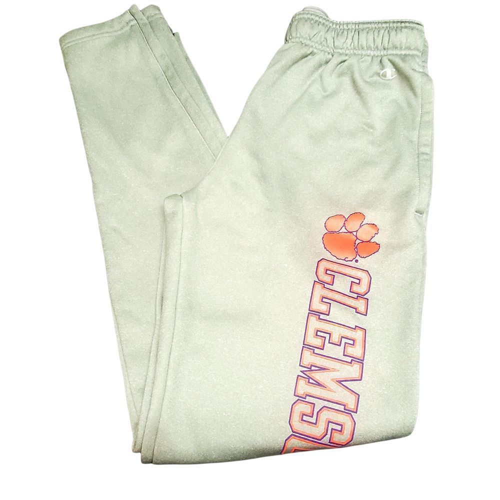 Champion Clemson fleece lined  joggers, zip ankles, gray with logo, size Small